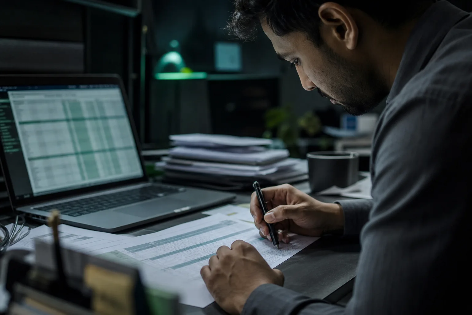 Wydruk sprawozdania finansowego i laptop na biurku analityka