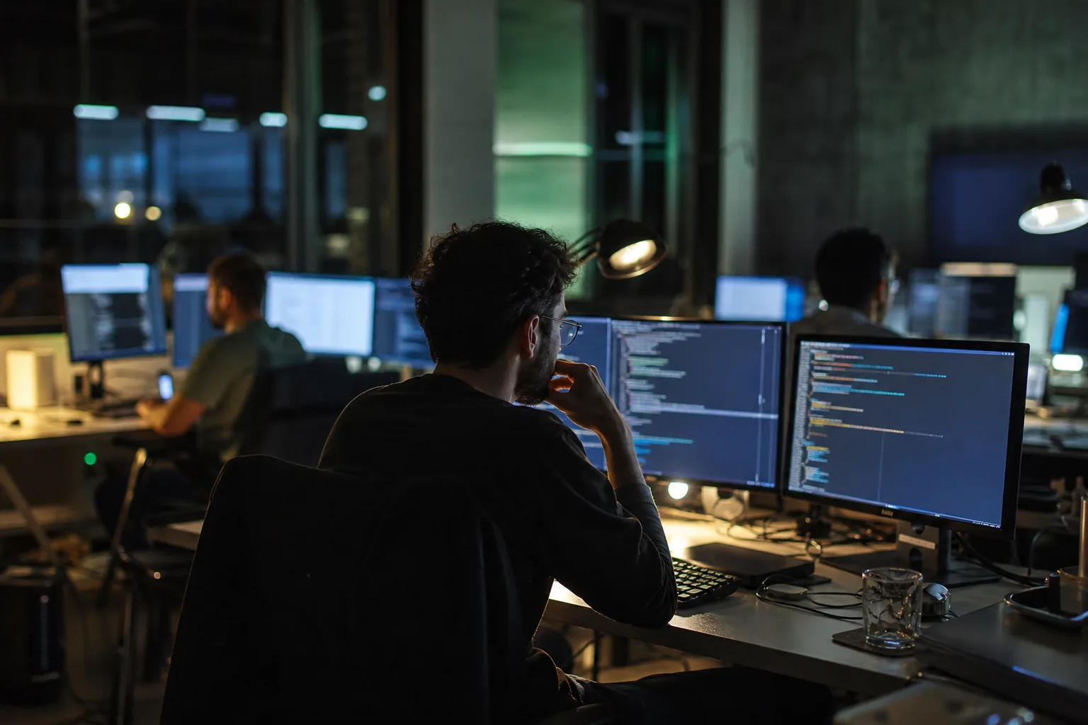 Biuro firmy programistycznej wieczorem, monitory z kodem